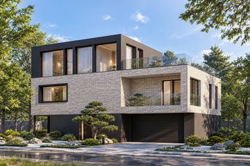 Projekt domu N-254 - wielokondygnacyjny dom o powierzchni 285,16 m², dach płaski, koszt budowy 834 000 zł - ujęcie frontu