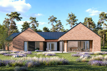 Projekt domu N-242 - parterowy dom o powierzchni 260,31 m², dach wielospadowy, koszt budowy 784 000 zł - ujęcie frontu