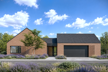 Projekt domu N-233 - parterowy dom o powierzchni 188,27 m², dach dwuspadowy, koszt budowy 563 000 zł - ujęcie frontu