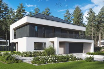 Projekt domu Wyszukany D64 wariant IV - z pełnym piętrem dom o powierzchni 215,17 m², dach kopertowy, koszt budowy 618 000 zł - ujęcie frontu