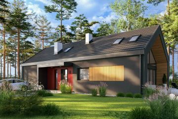 Projekt domu Nowoczesna stodoła 1b - parterowy z poddaszem dom o powierzchni 131,70 m², dach dwuspadowy, koszt budowy 424 000 zł - ujęcie frontu