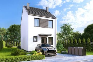 Projekt domu Koral b - z pełnym piętrem dom o powierzchni 63 m², dach dwuspadowy, koszt budowy 162 000 zł - ujęcie frontu