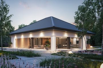 Projekt domu NewHouse 770 w1 - parterowy dom o powierzchni 166,17 m², dach kopertowy, koszt budowy 493 000 zł - ujęcie frontu