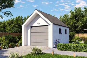 Projekt garażu G364 garaż jednostanowiskowy - parterowy dom o powierzchni 18,98 m², dach dwuspadowy - ujęcie frontu