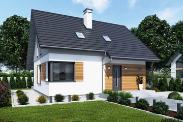 Projekt domu Santorini 2 szkielet drewniany - parterowy z poddaszem dom o powierzchni 90,83 m², dach dwuspadowy - ujęcie frontu