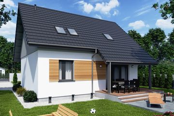 Projekt domu Santorini 2 szkielet drewniany - parterowy z poddaszem dom o powierzchni 90,83 m², dach dwuspadowy - ujęcie 2