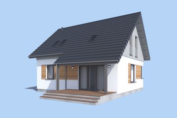 Projekt domu Santorini 2 szkielet drewniany - parterowy z poddaszem dom o powierzchni 90,83 m², dach dwuspadowy - ujęcie 3