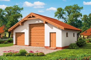 Projekt garażu G1B szkielet drewniany garaż dwustanowiskowy - parterowy dom o powierzchni 55,70 m², dach dwuspadowy - ujęcie frontu