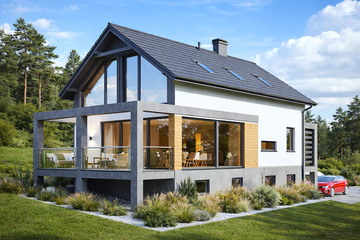 Projekt domu Arsenio - parterowy z poddaszem dom o powierzchni 147,02 m², dach dwuspadowy, koszt budowy 401 000 zł - ujęcie frontu