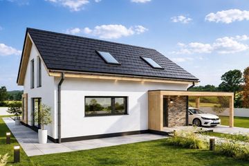 Projekt domu D2S-85 - parterowy z poddaszem dom o powierzchni 84,50 m², dach dwuspadowy, koszt budowy 236 000 zł - ujęcie frontu