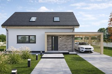 Projekt domu D3-95 - parterowy z poddaszem dom o powierzchni 94,75 m², dach dwuspadowy, koszt budowy 252 000 zł - ujęcie frontu