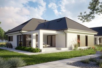 Projekt domu LK&1332 - parterowy z poddaszem dom o powierzchni 170,54 m², dach wielospadowy, koszt budowy 485 000 zł - ujęcie frontu