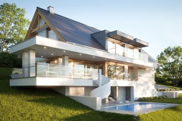 Projekt domu LK&1318 - parterowy z poddaszem dom o powierzchni 273,49 m², dach dwuspadowy, koszt budowy 818 000 zł - ujęcie frontu