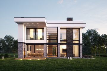 Projekt domu LK&1308 - z pełnym piętrem dom o powierzchni 227,85 m², dach kopertowy, koszt budowy 718 000 zł - ujęcie frontu