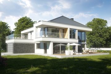 Projekt domu LK&1306 - z pełnym piętrem dom o powierzchni 258,38 m², dach kopertowy, koszt budowy 762 000 zł - ujęcie frontu