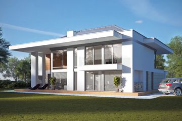Projekt domu LK&1299 - z pełnym piętrem dom o powierzchni 230,04 m², dach kopertowy, koszt budowy 711 000 zł - ujęcie frontu