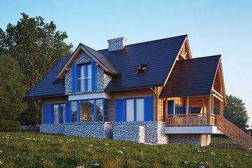 Projekt domu LK&1297 - parterowy z poddaszem dom o powierzchni 150,87 m², dach dwuspadowy, koszt budowy 474 000 zł - ujęcie frontu