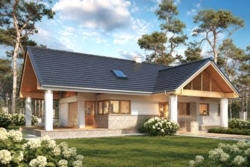 Projekt domu LK&1144 - parterowy z poddaszem dom o powierzchni 151,27 m², dach dwuspadowy, koszt budowy 486 000 zł - ujęcie frontu