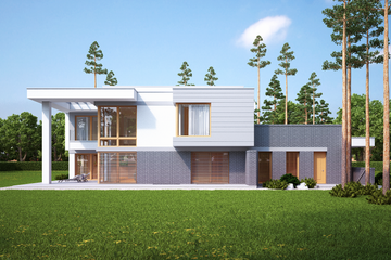 Projekt domu LK&1142 - z pełnym piętrem dom o powierzchni 270,66 m², dach płaski, koszt budowy 862 000 zł - ujęcie frontu