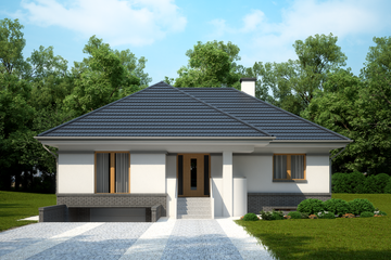 Projekt domu LK&1129 - parterowy z poddaszem dom o powierzchni 139,03 m², dach wielospadowy, koszt budowy 407 000 zł - ujęcie frontu