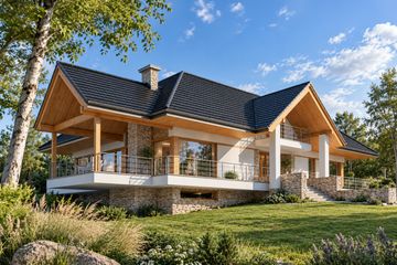 Projekt domu LK&1127 - parterowy z poddaszem dom o powierzchni 194,64 m², dach wielospadowy, koszt budowy 630 000 zł - ujęcie frontu