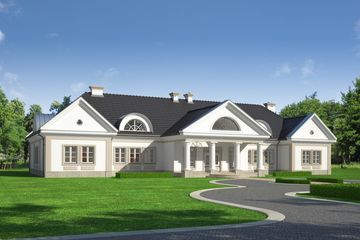 Projekt domu LK&1126 - parterowy z poddaszem dom o powierzchni 567,23 m², dach wielospadowy, koszt budowy 1 901 000 zł - ujęcie frontu