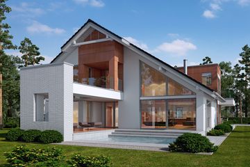 Projekt domu LK&1123 - parterowy z poddaszem dom o powierzchni 303,97 m², dach dwuspadowy, koszt budowy 980 000 zł - ujęcie frontu
