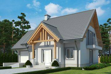 Projekt domu LK&1120 - parterowy z poddaszem dom o powierzchni 116,75 m², dach dwuspadowy, koszt budowy 342 000 zł - ujęcie frontu