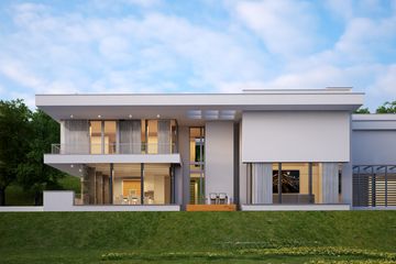 Projekt domu LK&1117 - z pełnym piętrem dom o powierzchni 351,07 m², dach płaski, koszt budowy 1 160 000 zł - ujęcie frontu