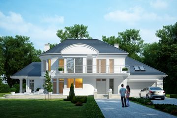 Projekt domu LK&1111 - parterowy z poddaszem dom o powierzchni 228,43 m², dach wielospadowy, koszt budowy 739 000 zł - ujęcie frontu