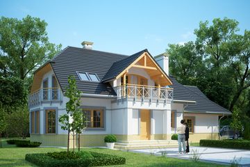 Projekt domu LK&1107 - parterowy z poddaszem dom o powierzchni 158,53 m², dach naczółkowy, koszt budowy 468 000 zł - ujęcie frontu