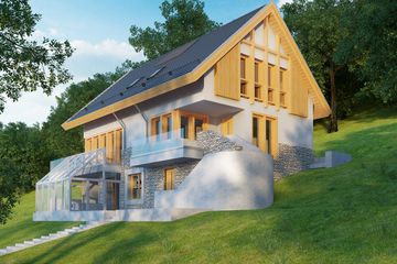 Projekt domu LK&1096 - parterowy z poddaszem dom o powierzchni 261,28 m², dach dwuspadowy, koszt budowy 771 000 zł - ujęcie frontu