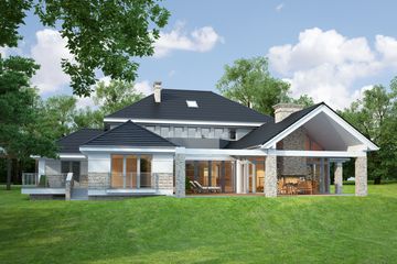 Projekt domu LK&1094 - z pełnym piętrem dom o powierzchni 432,46 m², dach kopertowy, koszt budowy 1 619 000 zł - ujęcie frontu