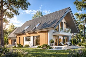 Projekt domu LK&1091 - parterowy z poddaszem dom o powierzchni 168,65 m², dach dwuspadowy, koszt budowy 495 000 zł - ujęcie frontu