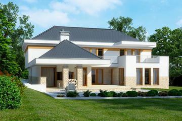 Projekt domu LK&1086 - z pełnym piętrem dom o powierzchni 293,91 m², dach kopertowy, koszt budowy 1 066 000 zł - ujęcie frontu