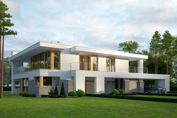 Projekt domu LK&1084 - parterowy z poddaszem dom o powierzchni 248,54 m², dach płaski, koszt budowy 831 000 zł - ujęcie frontu