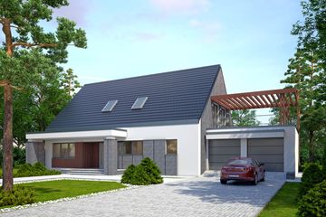 Projekt domu LK&1083 - parterowy z poddaszem dom o powierzchni 213,36 m², dach dwuspadowy, koszt budowy 654 000 zł - ujęcie frontu