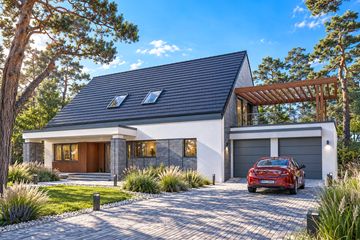 Projekt domu LK&1083 - parterowy z poddaszem dom o powierzchni 213,36 m², dach dwuspadowy, koszt budowy 635 000 zł - ujęcie frontu