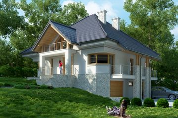 Projekt domu LK&1042 - parterowy z poddaszem dom o powierzchni 202,55 m², dach kopertowy, koszt budowy 607 000 zł - ujęcie frontu