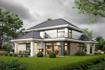Projekt domu LK&1828 - z pełnym piętrem dom o powierzchni 224,62 m², dach kopertowy, koszt budowy 625 000 zł - ujęcie frontu