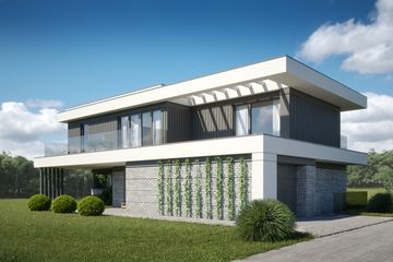 Projekt domu LK&1777 - z pełnym piętrem dom o powierzchni 250,38 m², dach płaski, koszt budowy 781 000 zł - ujęcie frontu