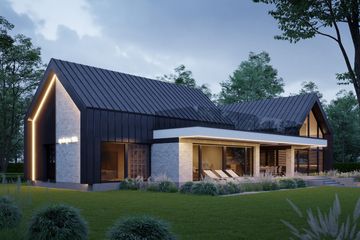 Projekt domu LK&1749 - parterowy z poddaszem dom o powierzchni 181,15 m², dach dwuspadowy, koszt budowy 683 000 zł - ujęcie frontu