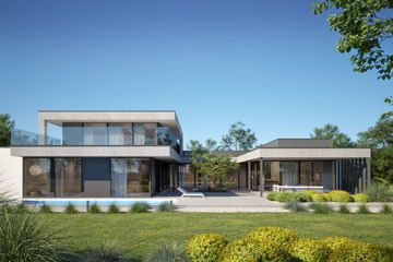 Projekt domu LK&1732 - z pełnym piętrem dom o powierzchni 518,12 m², dach płaski, koszt budowy 1 753 000 zł - ujęcie frontu