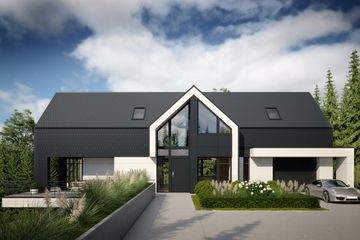 Projekt domu LK&1706 - parterowy z poddaszem dom o powierzchni 167,42 m², dach dwuspadowy, koszt budowy 577 000 zł - ujęcie frontu