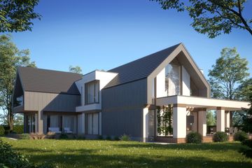 Projekt domu LK&1623 - parterowy z poddaszem dom o powierzchni 273,89 m², dach wielospadowy, koszt budowy 823 000 zł - ujęcie frontu