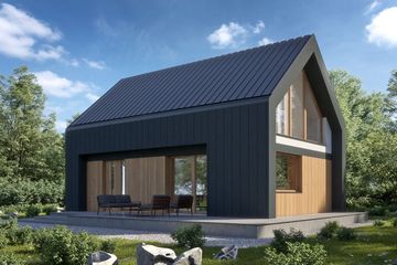 Projekt domu LK&1615 - parterowy z poddaszem dom o powierzchni 72,55 m², dach dwuspadowy, koszt budowy 231 000 zł - ujęcie frontu