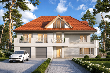 Projekt domu LK&1594 - z pełnym piętrem dom o powierzchni 260,64 m², dach wielospadowy, koszt budowy 775 000 zł - ujęcie frontu