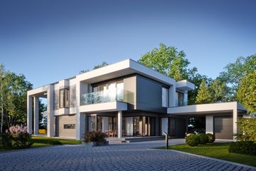 Projekt domu LK&1561 - z pełnym piętrem dom o powierzchni 284,34 m², dach płaski, koszt budowy 844 000 zł - ujęcie frontu