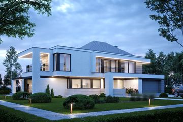Projekt domu LK&1556 - z pełnym piętrem dom o powierzchni 377,15 m², dach kopertowy, koszt budowy 1 175 000 zł - ujęcie frontu