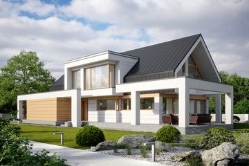 Projekt domu LK&1553 - parterowy z poddaszem dom o powierzchni 230,30 m², dach dwuspadowy, koszt budowy 687 000 zł - ujęcie frontu